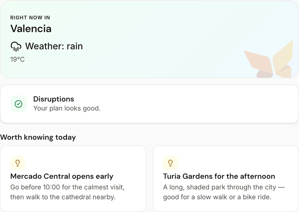 Right now in Valencia: rain, 19°C, no disruptions, and two tips about Mercado Central and the Turia Gardens.
